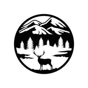 Round black steel wall art featuring a detailed laser-cut design of a deer standing in the foreground with mountains and evergreen trees in the background. The piece is circular, approximately 14 inches in diameter, with a sleek black powder-coated finish. The intricate cutouts create a silhouette effect, capturing a serene forest scene.